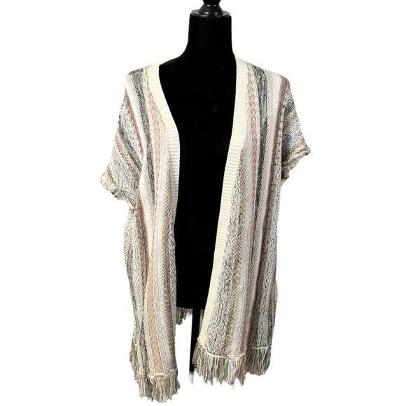 Knox Rose Cream Pink Blue Knit Short Sleeve Fringe Cardigan Women's Size Large - Picture 1 of 7